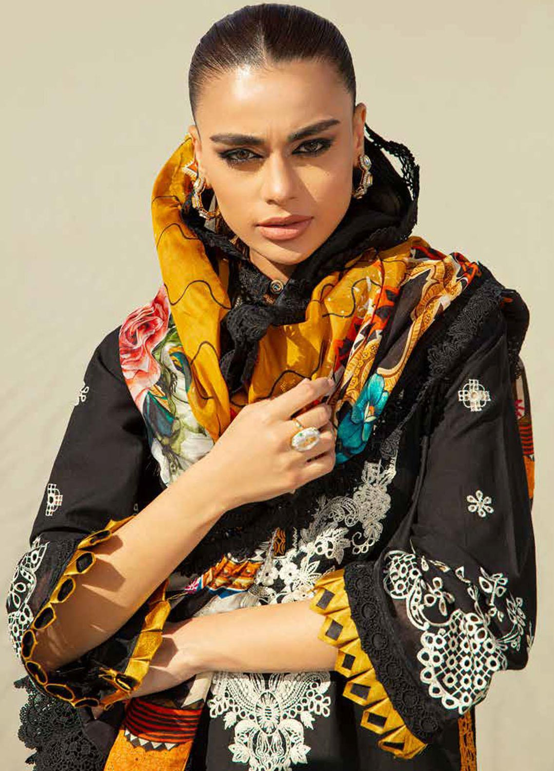 Maryam Hussain Embroidered Lawn Suits Unstitched 3 Piece MH23LL D-4 Mustard Affair - Luxury Collection