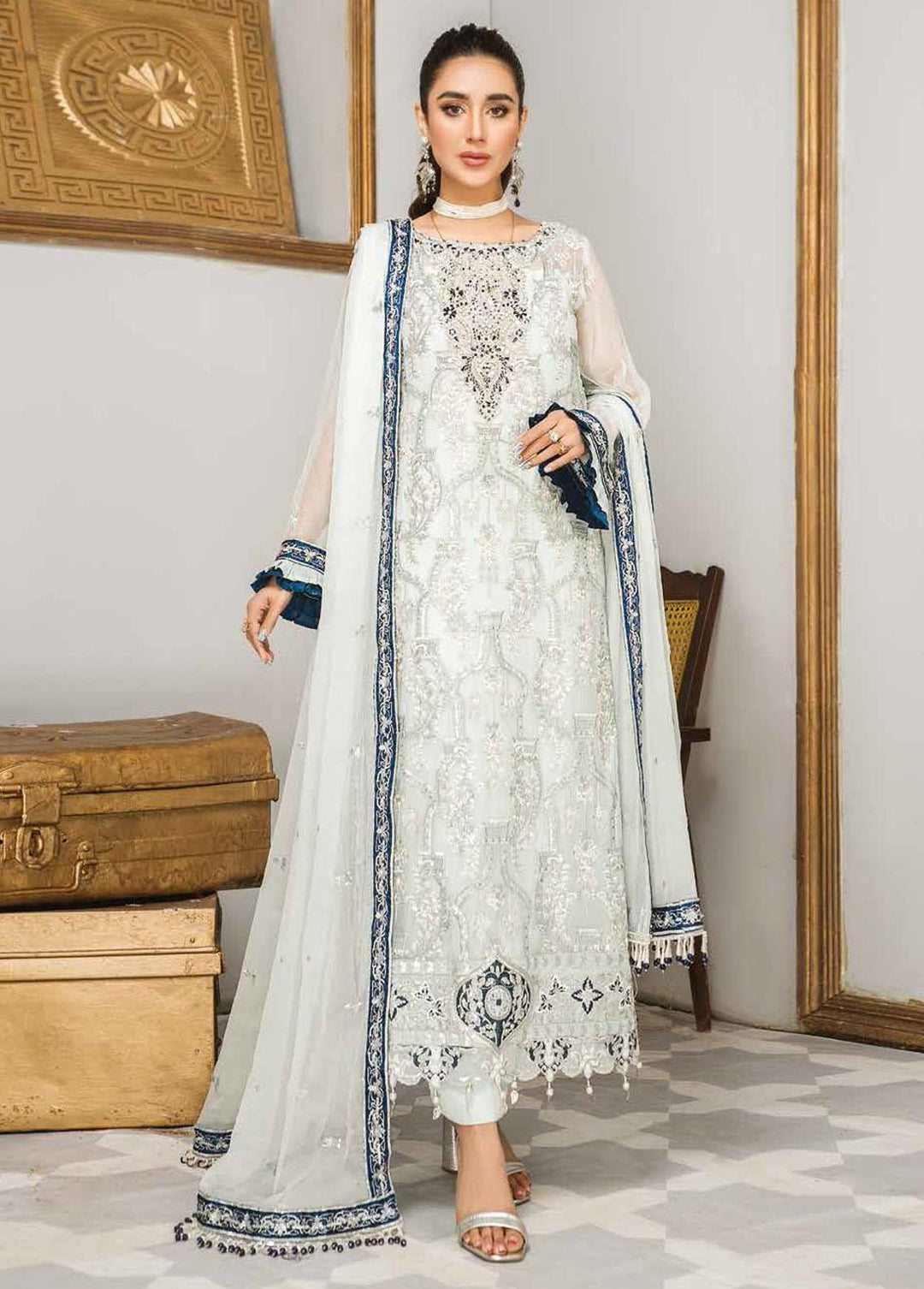 La Fleur By Maryam's Embroidered Chiffon Suits Unstitched 3 Piece MRM22LF Dress-35 Moonlight - Luxury Collection