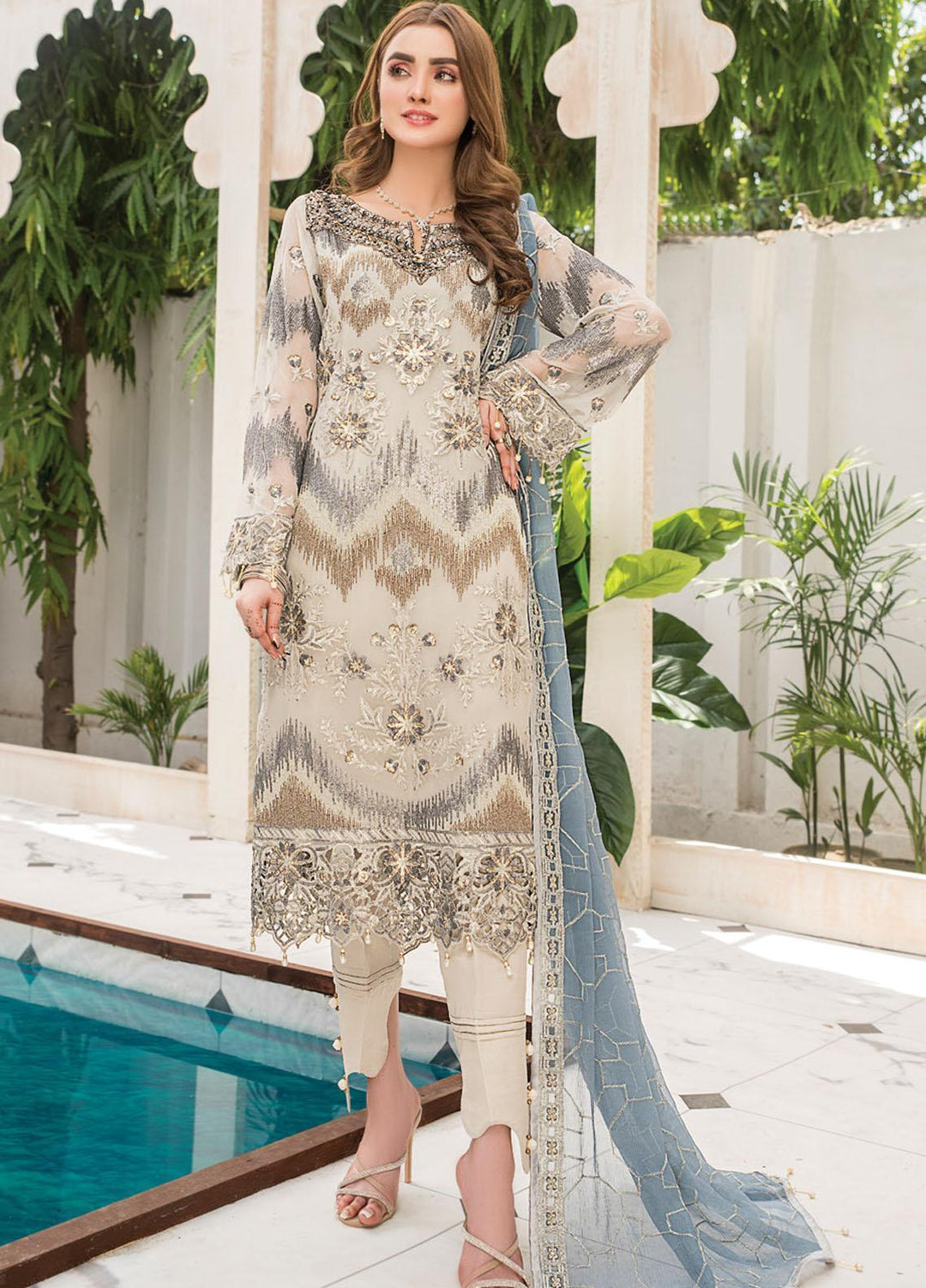 Maryam's Embroidered Chiffon Suits Unstitched 3 Piece MRM21C D-01 Lavender Smoke - Luxury Collection