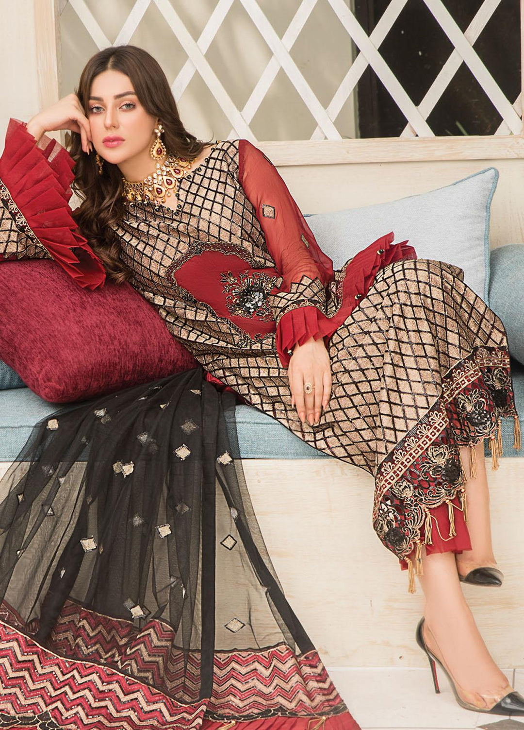 Maryam's Embroidered Chiffon Suits Unstitched 3 Piece MRM21C D-03 Dark Daisy - Luxury Collection