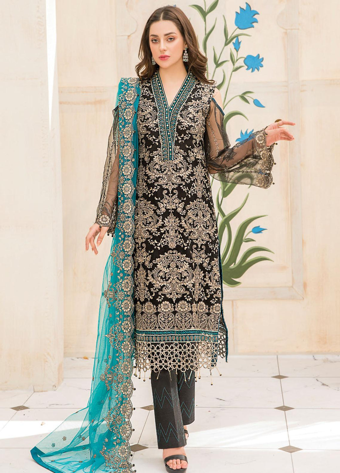 Maryam's Embroidered Chiffon Suits Unstitched 3 Piece MRM21C D-05 Beau Aqua - Luxury Collection