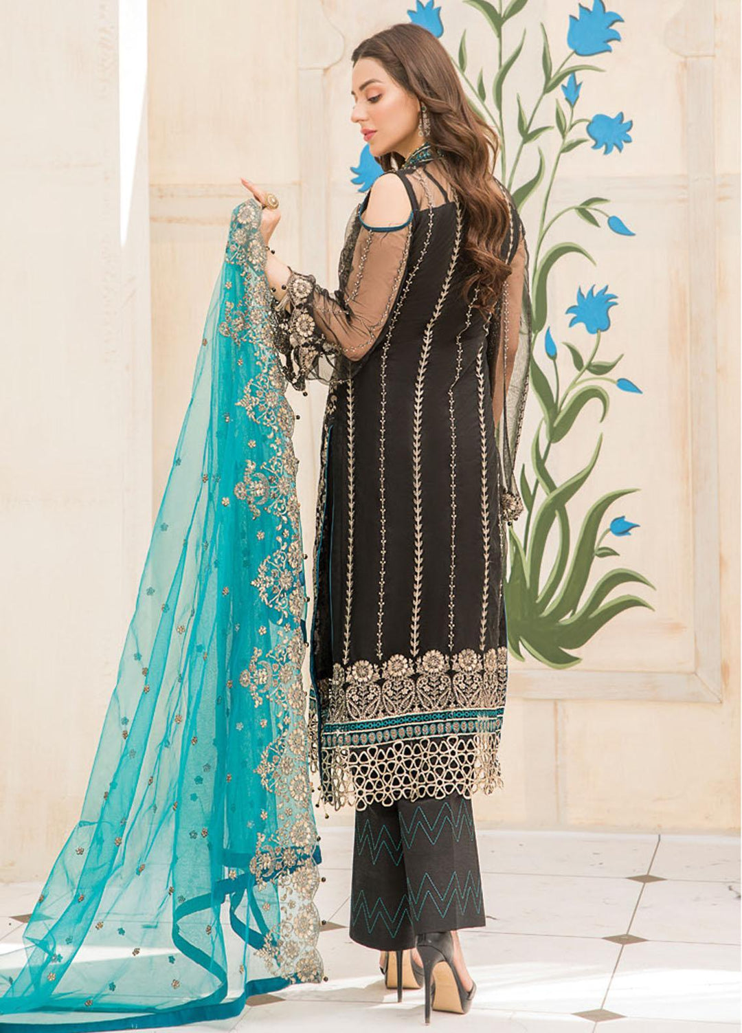 Maryam's Embroidered Chiffon Suits Unstitched 3 Piece MRM21C D-05 Beau Aqua - Luxury Collection