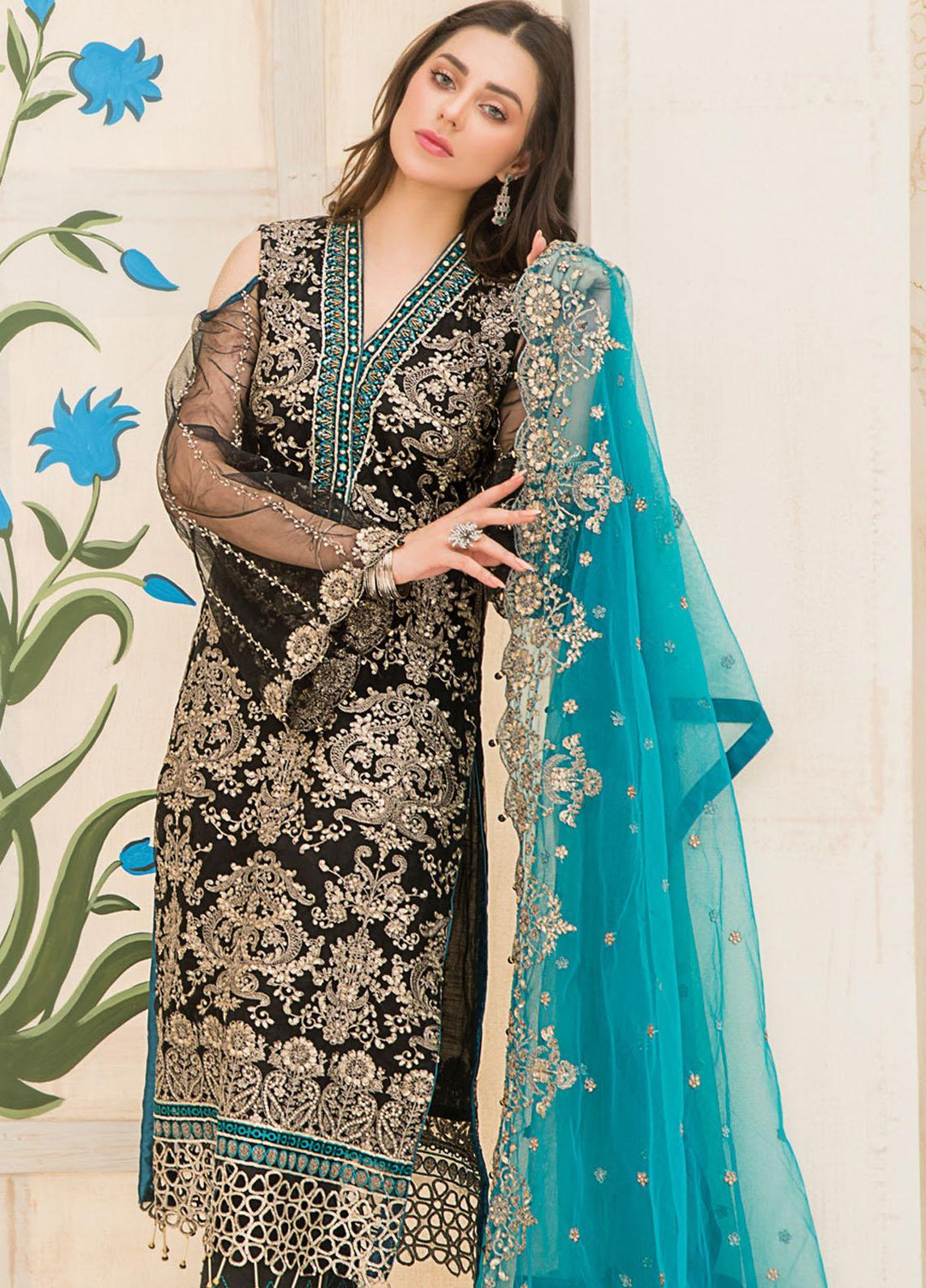 Maryam's Embroidered Chiffon Suits Unstitched 3 Piece MRM21C D-05 Beau Aqua - Luxury Collection