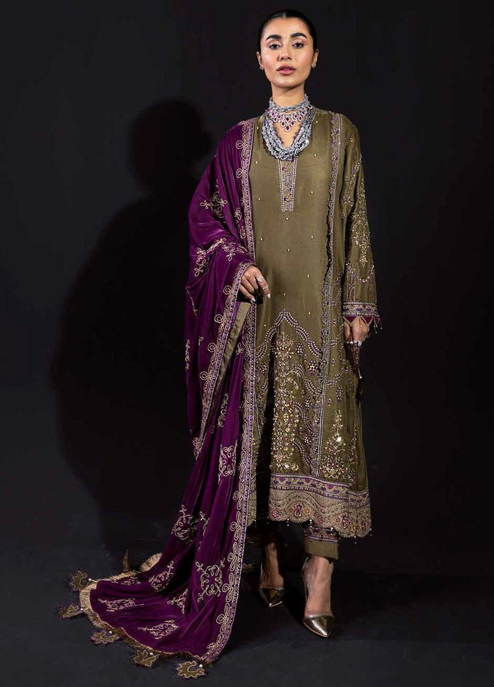 Maya by Nureh Embroidered Velvet Suits Unstitched 3 Piece NU22MV NV-16 Mehndi - Luxury Collection