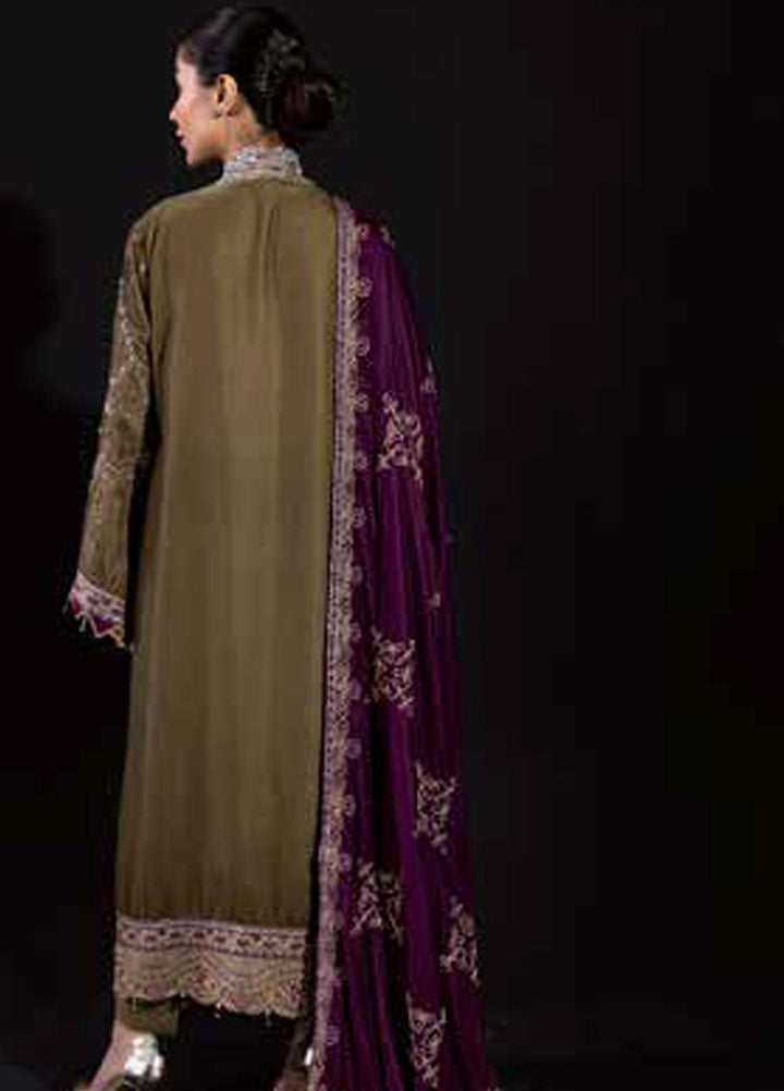 Maya by Nureh Embroidered Velvet Suits Unstitched 3 Piece NU22MV NV-16 Mehndi - Luxury Collection