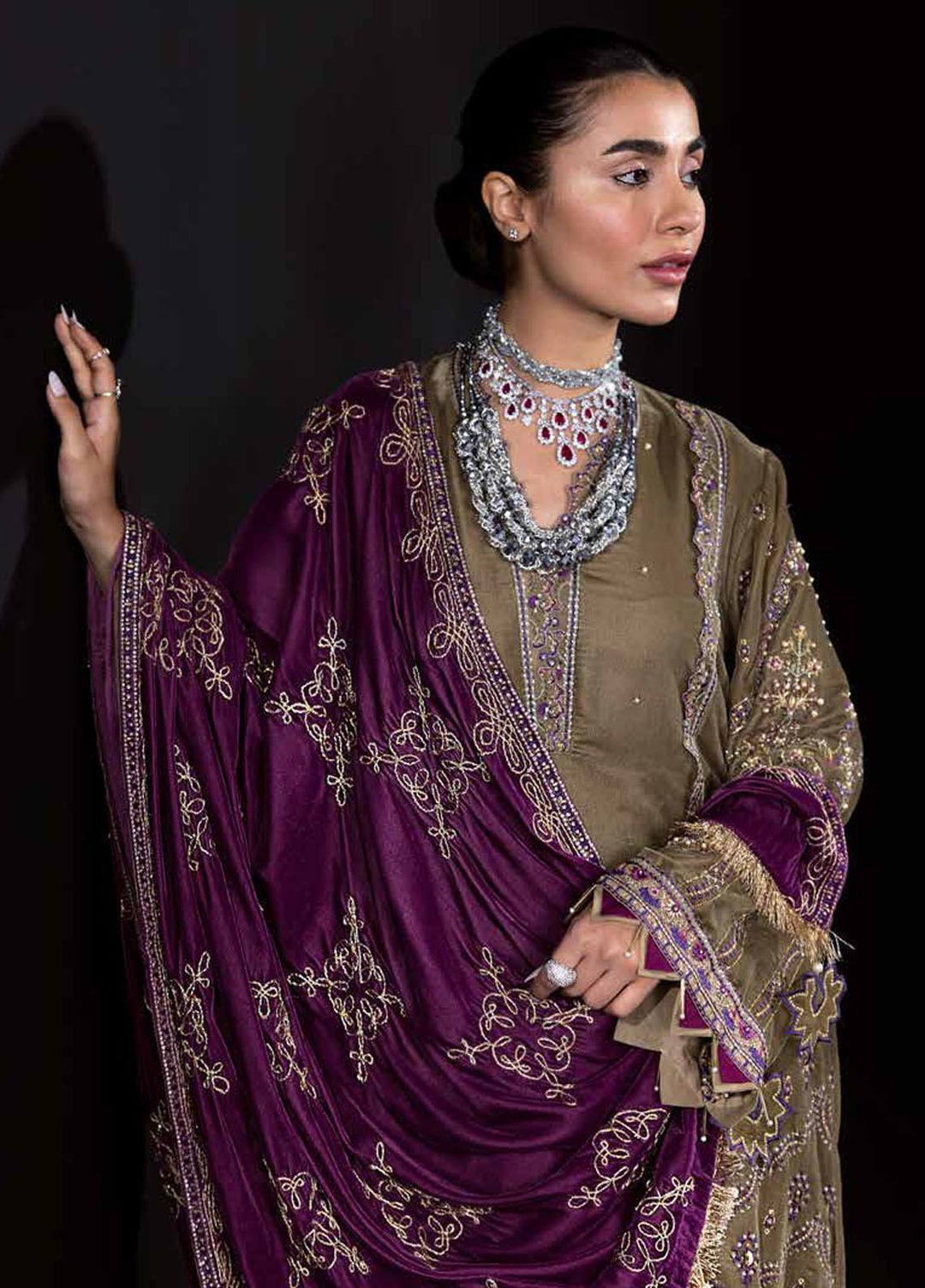 Maya by Nureh Embroidered Velvet Suits Unstitched 3 Piece NU22MV NV-16 Mehndi - Luxury Collection