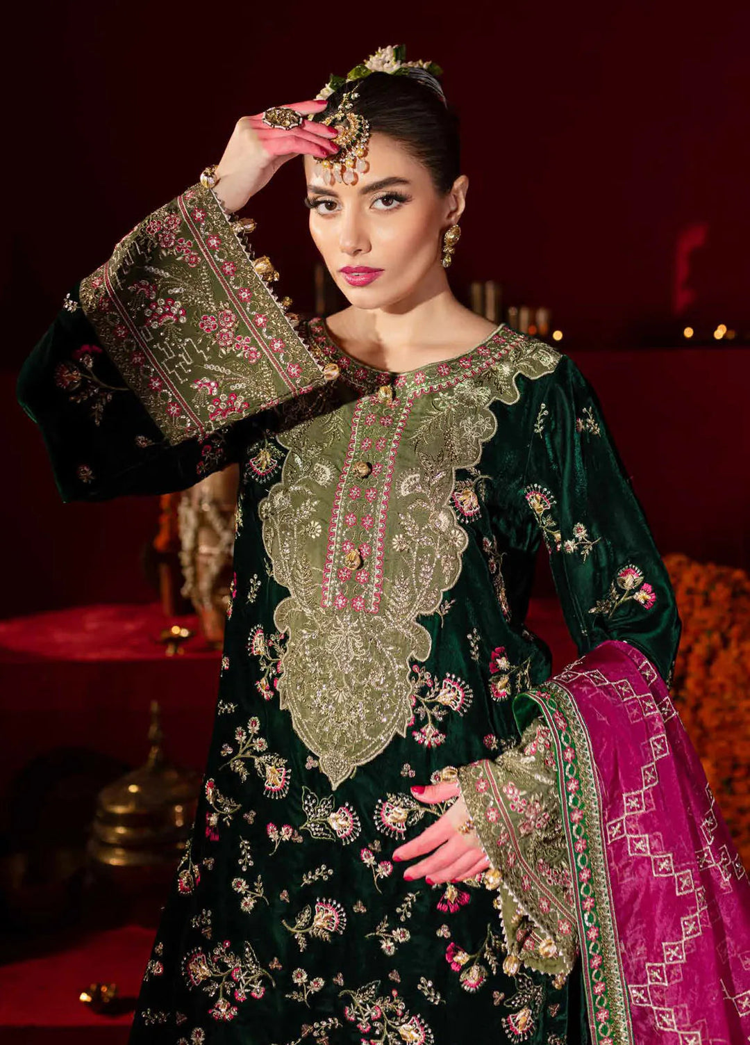 Maya By Nureh Embroidered Velvet Suit Unstitched 3 Piece NU24MV NW-88 - Luxury Collection