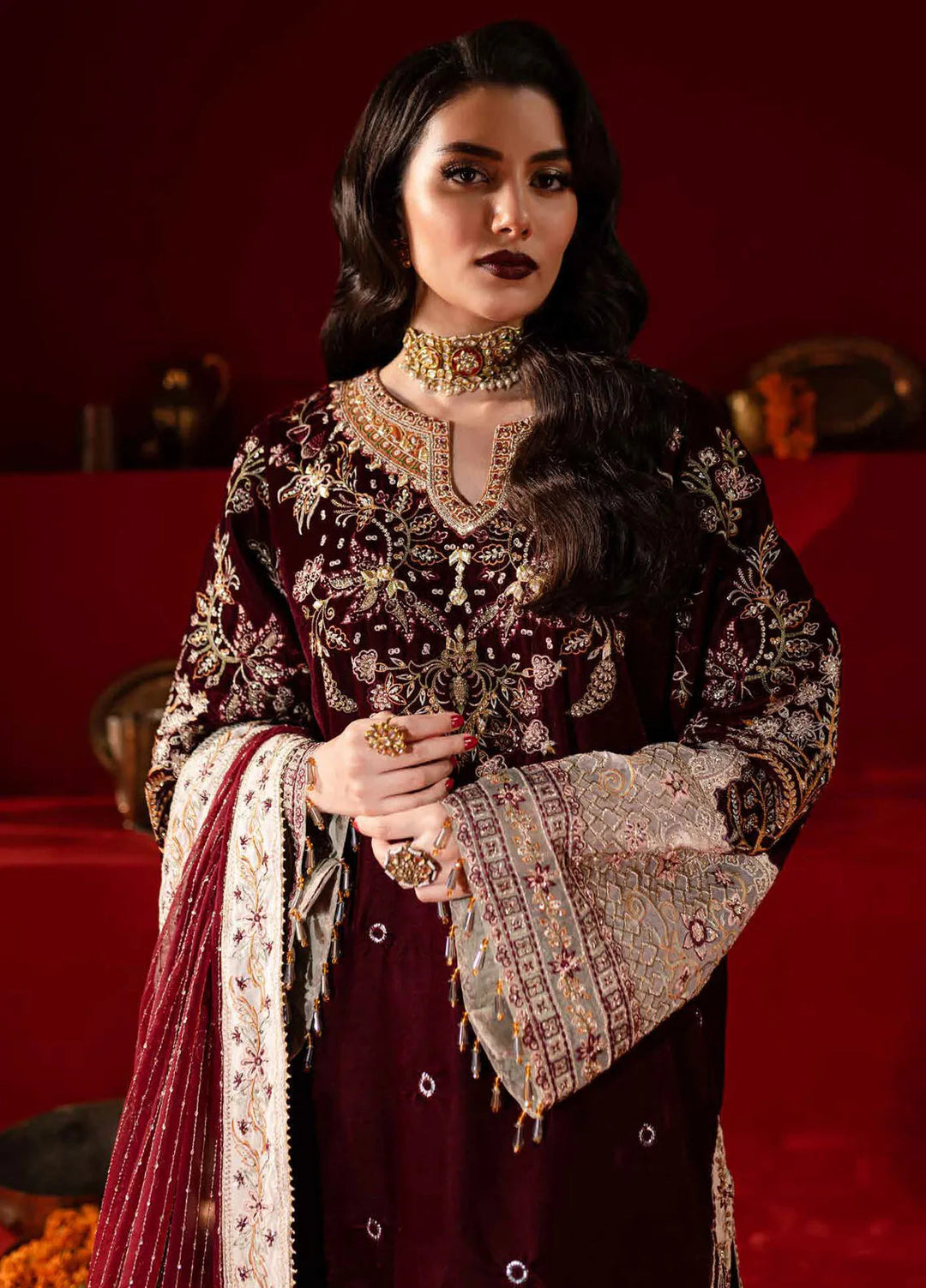 Maya By Nureh Embroidered Velvet Suit Unstitched 3 Piece NU24MV NW-89 - Luxury Collection