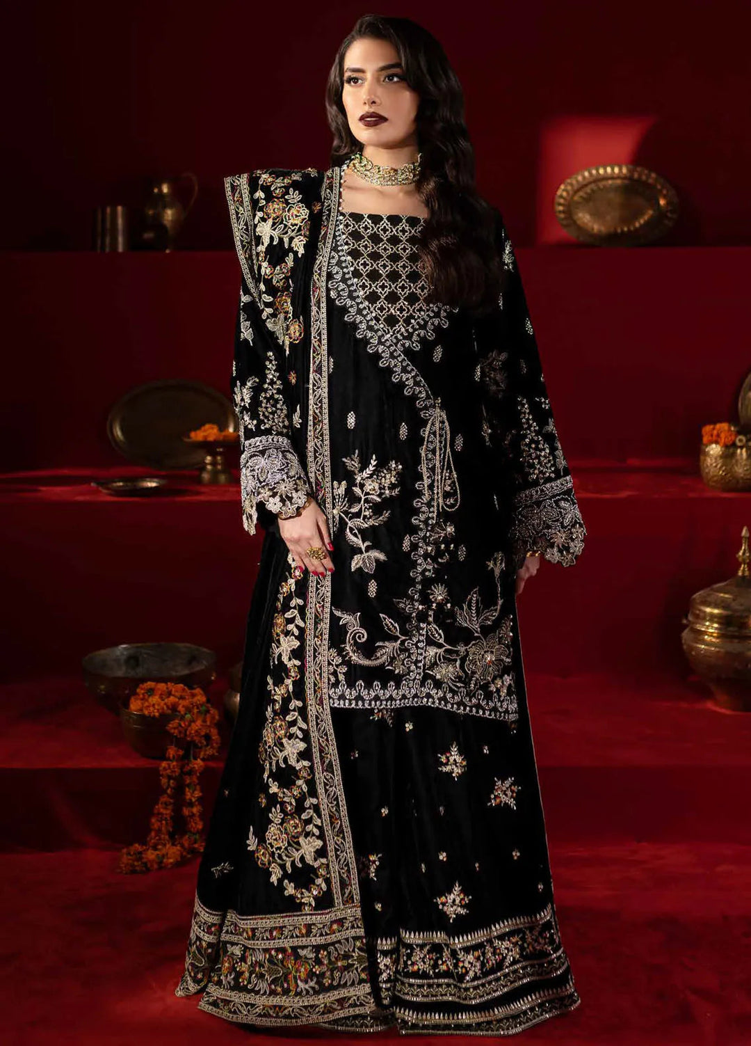 Maya By Nureh Embroidered Velvet Suit Unstitched 3 Piece NU24MV NW-92 - Luxury Collection