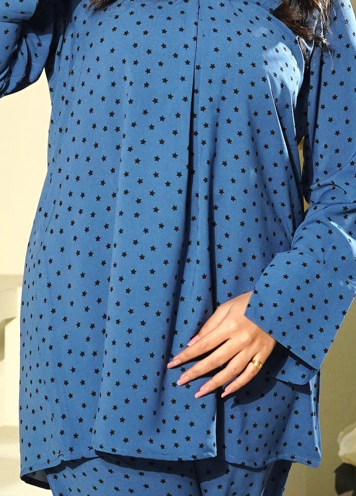 MeBae Apparel Pret Printed Crepe 2 Piece Suit Trendy Starry Blue