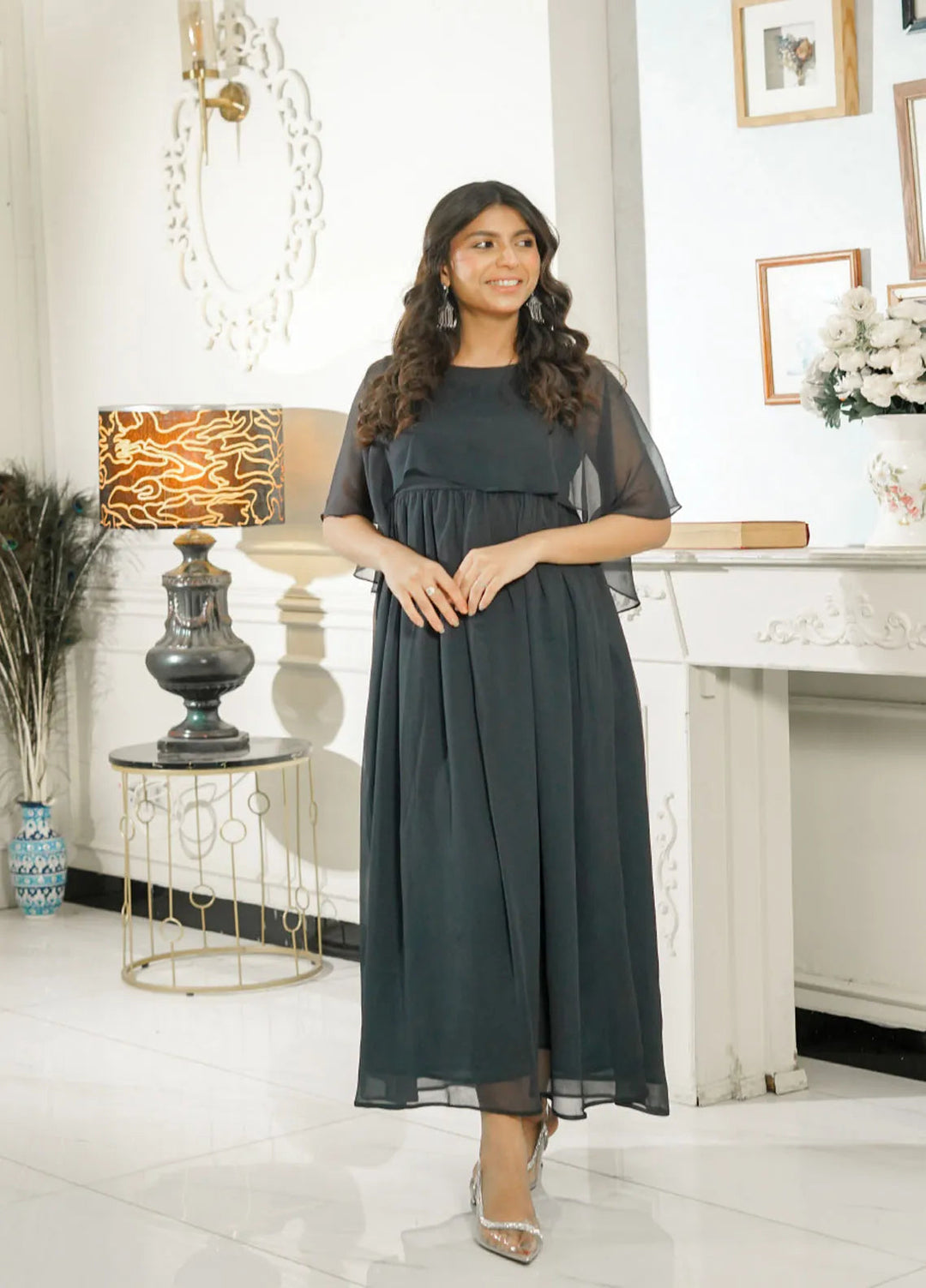 Mebae Apparels Pret Cricnkle Chiffon 1 Piece Flared Grey Midi Frock Maxi Dress