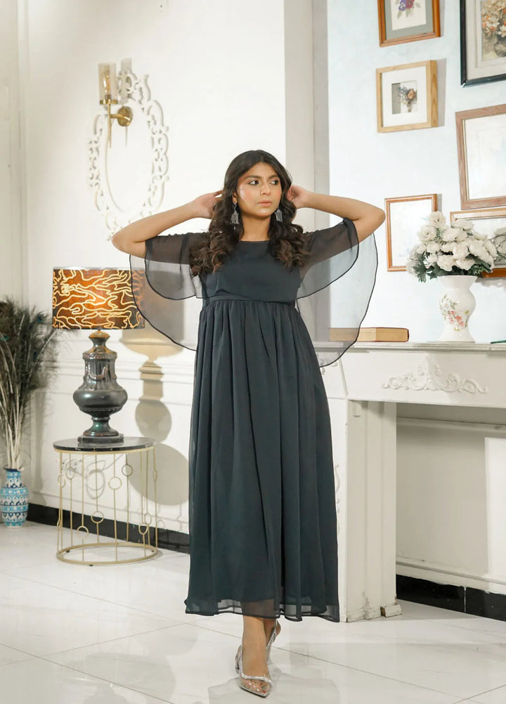 Mebae Apparels Pret Cricnkle Chiffon 1 Piece Flared Grey Midi Frock Maxi Dress