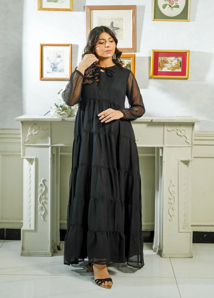 Mebae Apparels Pret Cricnkle Chiffon 1 Piece Noir Tiered Frock Maxi Dress