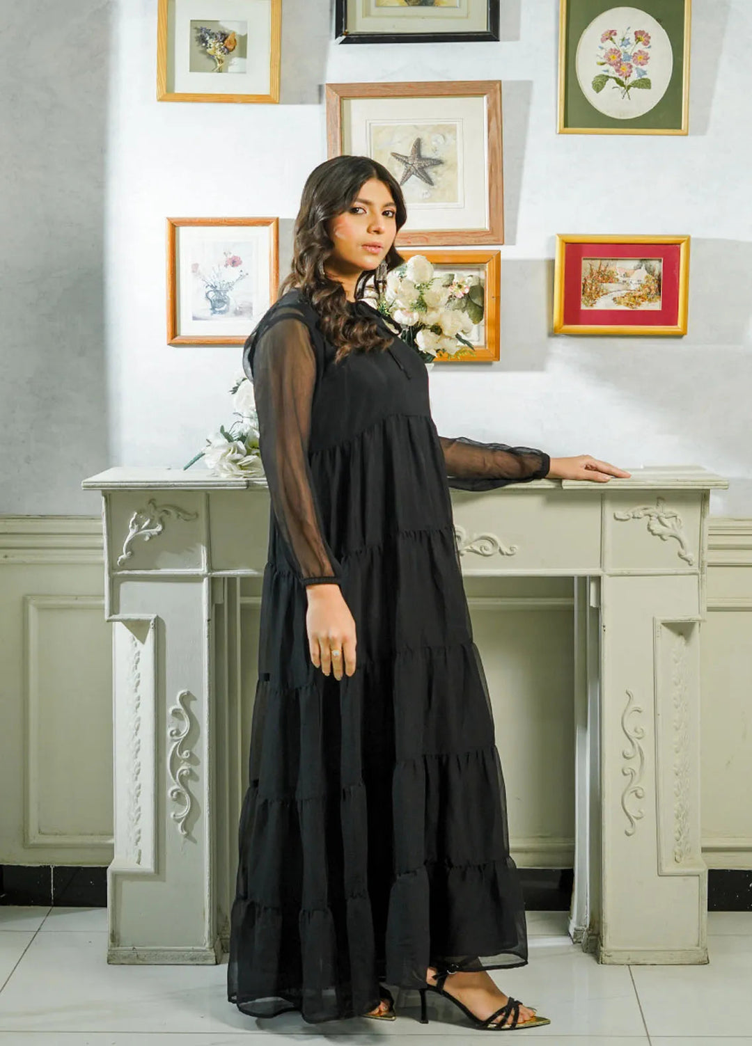 Mebae Apparels Pret Cricnkle Chiffon 1 Piece Noir Tiered Frock Maxi Dress