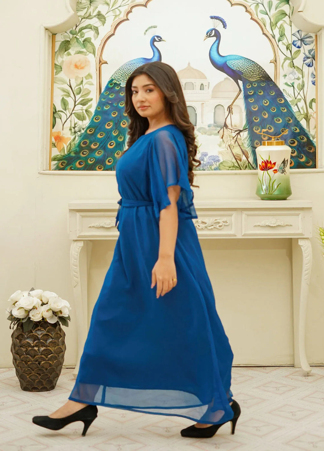 Mebae Apparels Pret Cricnkle Chiffon 1 Piece Royal Sapphire Flare Maxi