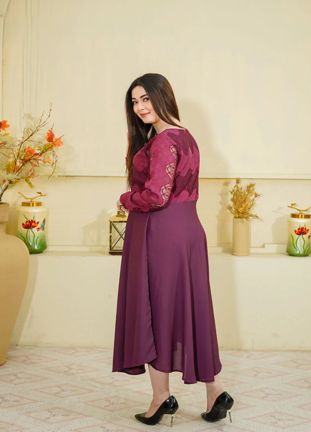 Mebae Apparels Pret Plain Georgette 1 Piece Deep Purple Net Frock Maxi Dress