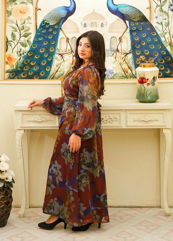 Mebae Apparels Pret Printed Chiffon 1 Piece Midnight Floral Elegance Maxi