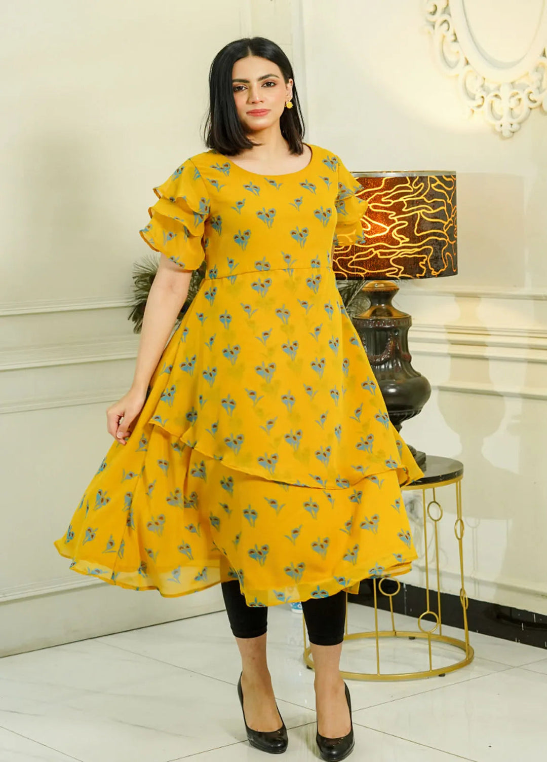 Mebae Apparels Pret Printed Georgette 1 Piece Golden Bloom Tiered Frock Maxi Dress