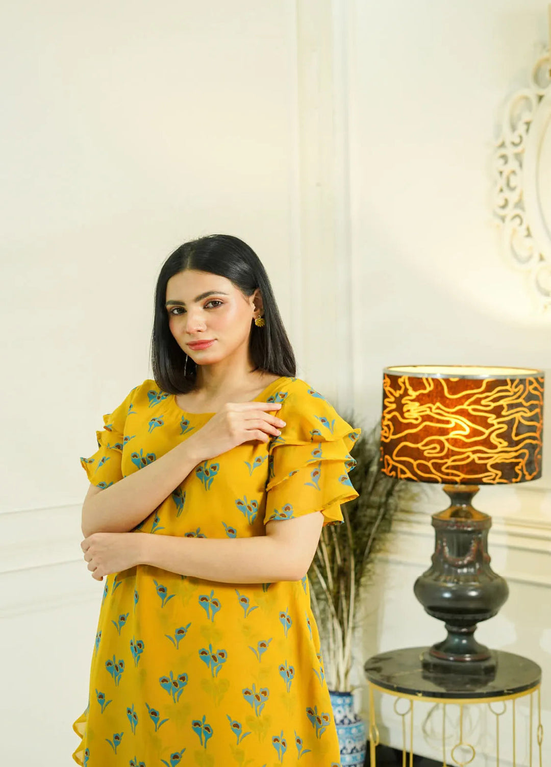 Mebae Apparels Pret Printed Georgette 1 Piece Golden Bloom Tiered Frock Maxi Dress