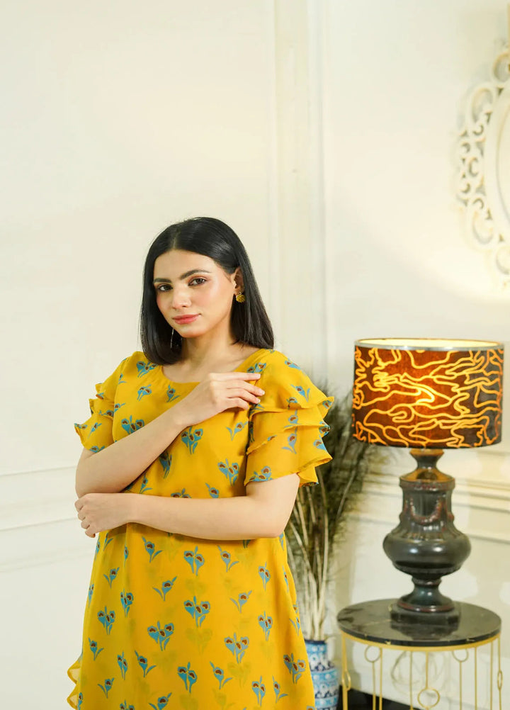 Mebae Apparels Pret Printed Georgette 1 Piece Golden Bloom Tiered Frock