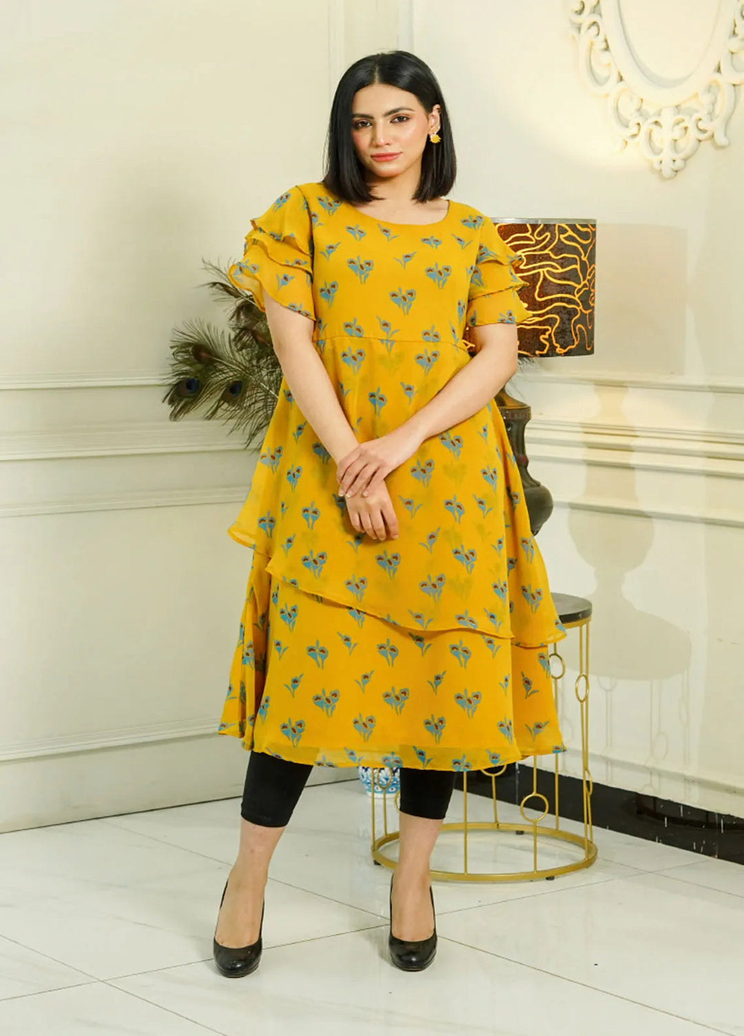 Mebae Apparels Pret Printed Georgette 1 Piece Golden Bloom Tiered Frock