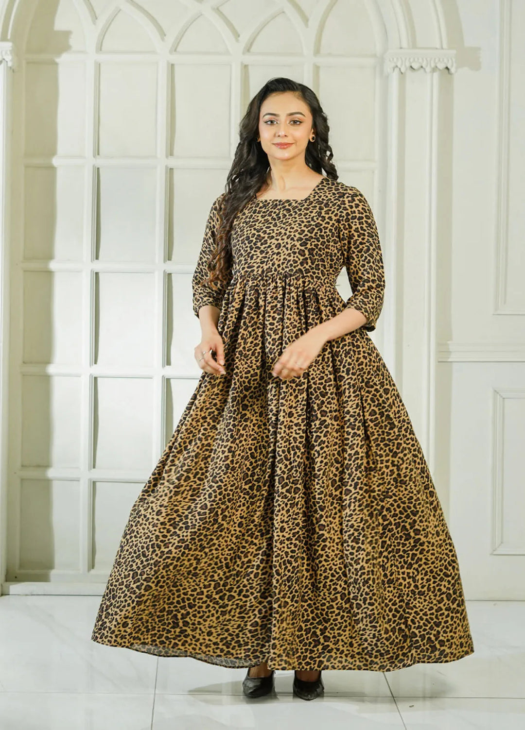 Mebae Apparels Pret Printed Linen 1 Piece Leopard Charm Frock Maxi Dress