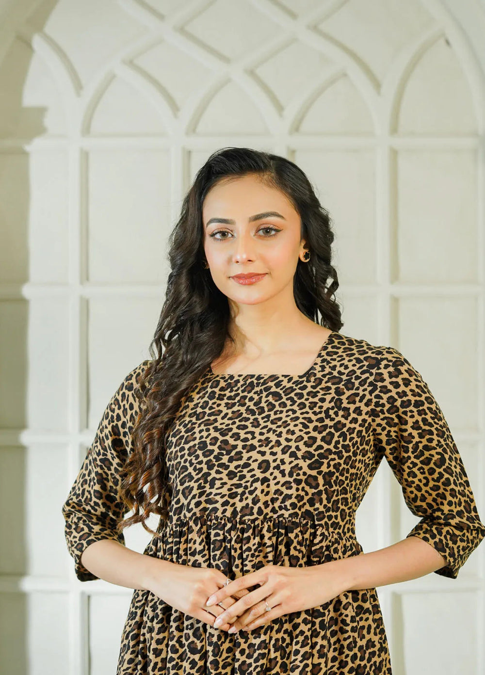 Mebae Apparels Pret Printed Linen 1 Piece Leopard Charm Frock Maxi Dress