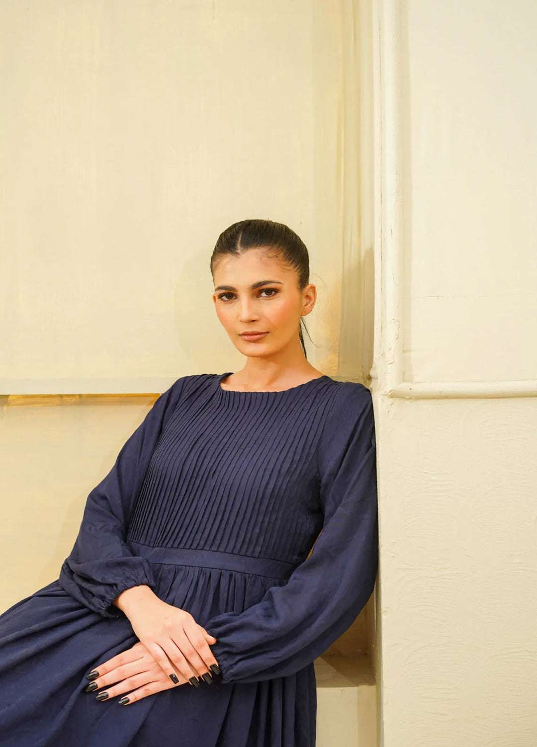 Mebae Apparels Pret Printed Viscose 1 Piece Royal Midnight Pleated Maxi