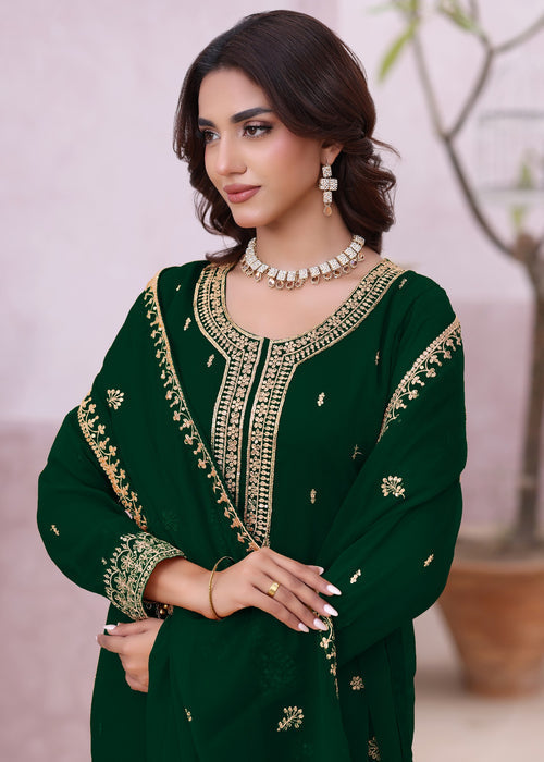 Abaan Zohan Women RTW Embroidered Chiffon 3 Piece Suit Ada Kaai Green - Festive Collection