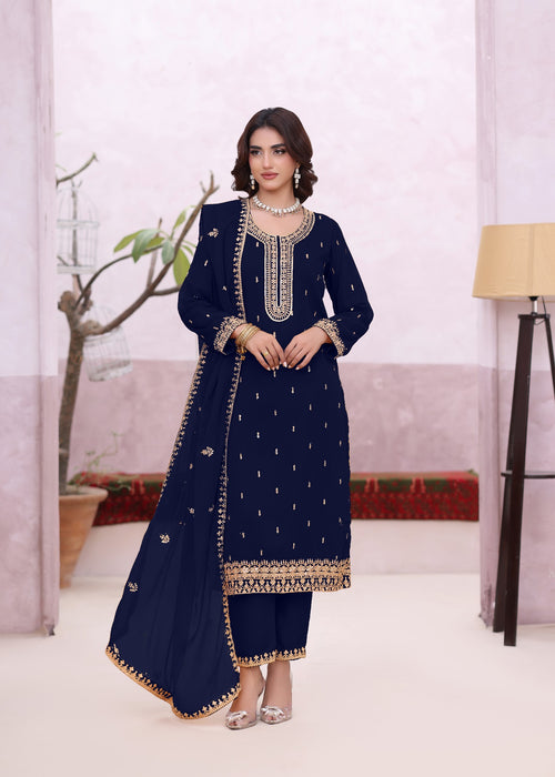 Abaan Zohan Women RTW Embroidered Chiffon 3 Piece Suit Ada Navy Blue - Festive Collection