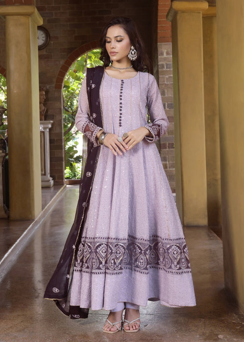 Zardozi Dreams by Abaan Zohan RTW Embroidered chiffon 3 Piece Suit Raqs Lilac - Festive Collection