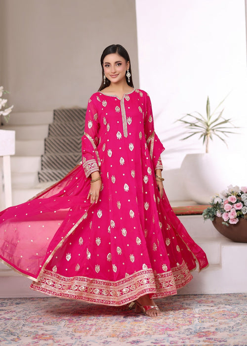 Mommy and Me by Abaan Zohan RTW Embroidered Chiffon 3 Piece Suit Raunak vivid pink - Festive Collection