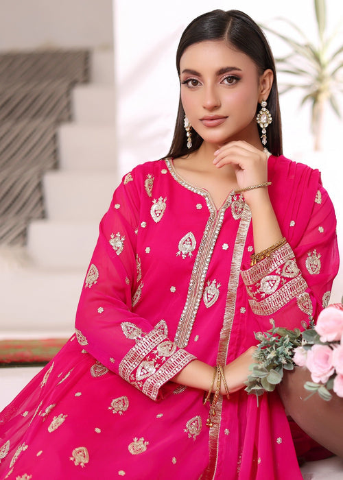 Mommy and Me by Abaan Zohan RTW Embroidered Chiffon 3 Piece Suit Raunak vivid pink - Festive Collection