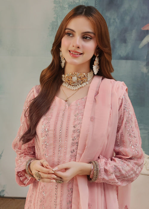 Abaan Zohan Women RTW Embroidered Chiffon 3 Piece Suit Chandni Tea Pink - Festive Collection