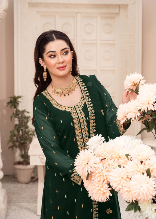 Abaan Zohan Women RTW Embroidered Chiffon 3 Piece Suit Ada Kaai Green - Festive Collection