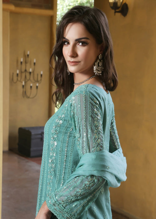 Abaan Zohan Women RTW Embroidered Chiffon 3 Piece Suit Chandni Light Cyan - Festive Collection