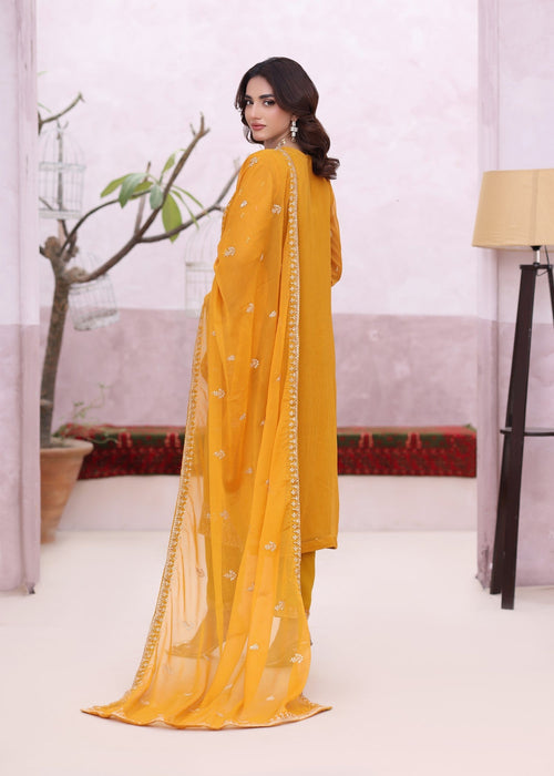 Abaan Zohan Women RTW Embroidered Chiffon 3 Piece Suit Ada Mustard - Festive Collection