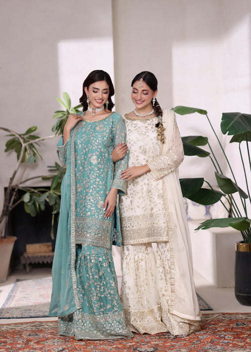 Rang e Haseen by Abaan Zohan RTW Embroidered chiffon 3 Piece Suit Riwaj Aqua - Festive Collection