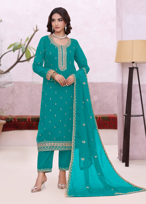 Abaan Zohan Women RTW Embroidered Chiffon 3 Piece Suit Ada Sea Green - Festive Collection