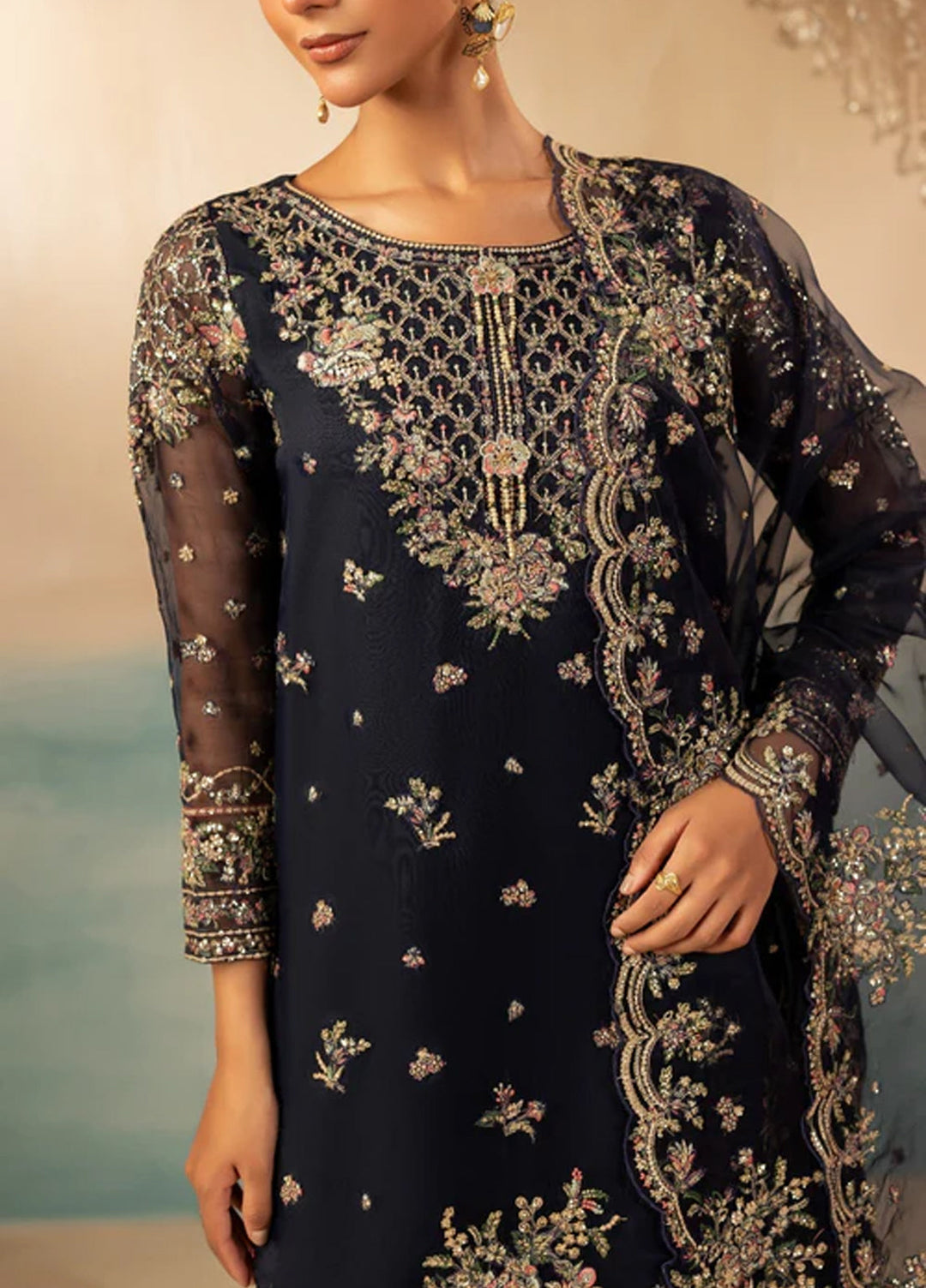 Signature by Diara Couture Pret Luxury Embroidered 3 Piece Raw Silk Jugnu-Df-44-Navy Blue - Formals Collection