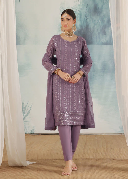 Abaan Zohan Women RTW Embroidered Chiffon 3 Piece Suit Chandni Purple - Festive Collection