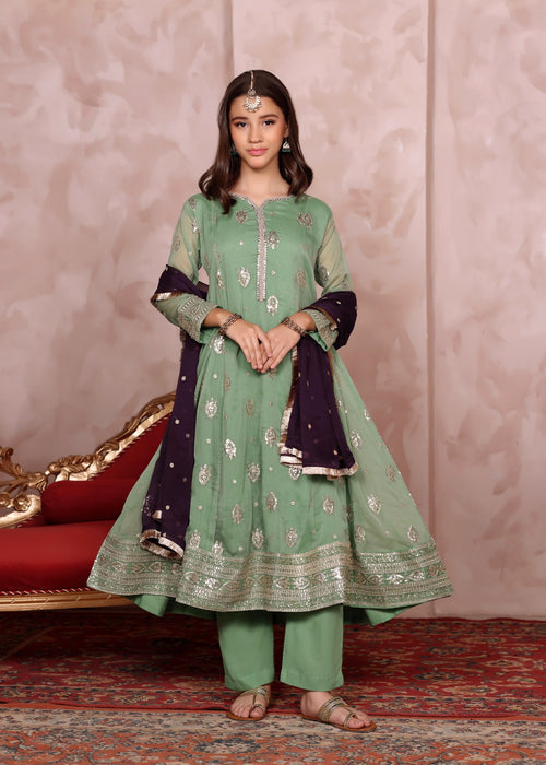 Mommy and Me by Abaan Zohan RTW Embroidered Chiffon 3 Piece Suit Raunak Kids Pastel Green - Festive Collection