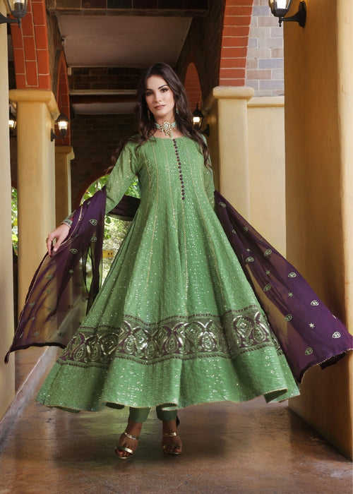 Zardozi Dreams by Abaan Zohan RTW Embroidered chiffon 3 Piece Suit Raqs Pistachio Green - Festive Collection