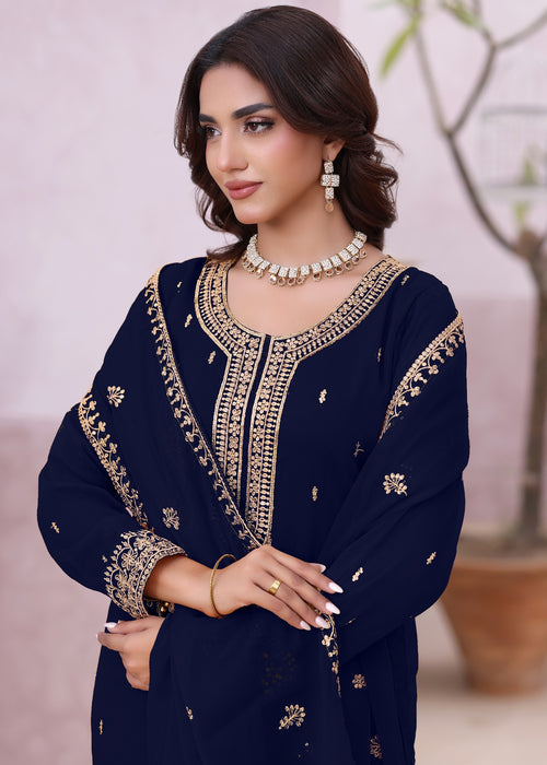 Abaan Zohan Women RTW Embroidered Chiffon 3 Piece Suit Ada Navy Blue - Festive Collection