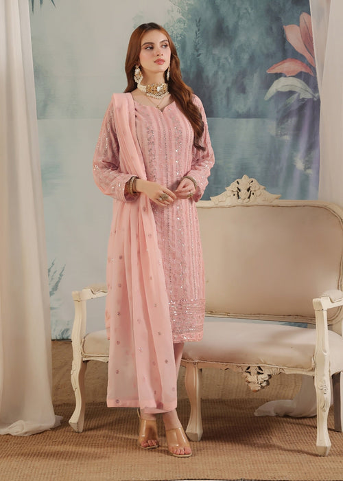 Abaan Zohan Women RTW Embroidered Chiffon 3 Piece Suit Chandni Tea Pink - Festive Collection