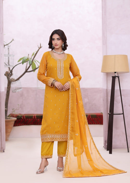 Abaan Zohan Women RTW Embroidered Chiffon 3 Piece Suit Ada Mustard - Festive Collection