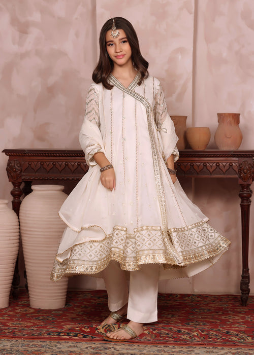 Mommy and Me by Abaan Zohan RTW Embroidered Chiffon 3 Piece Suit NAYAAB Kids Off white - Festive Collection