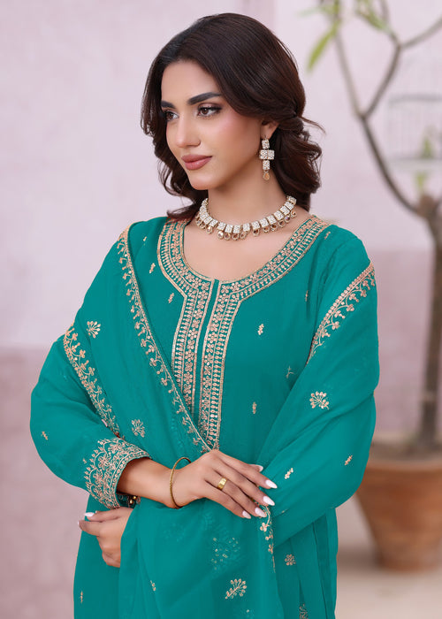 Abaan Zohan Women RTW Embroidered Chiffon 3 Piece Suit Ada Sea Green - Festive Collection