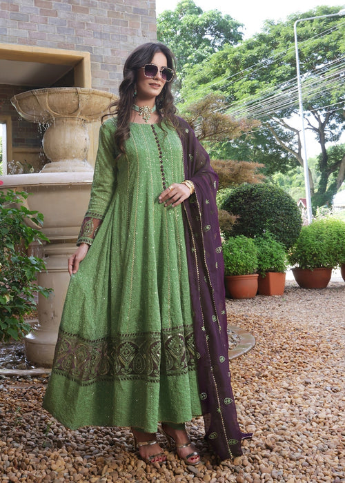 Zardozi Dreams by Abaan Zohan RTW Embroidered chiffon 3 Piece Suit Raqs Pistachio Green - Festive Collection