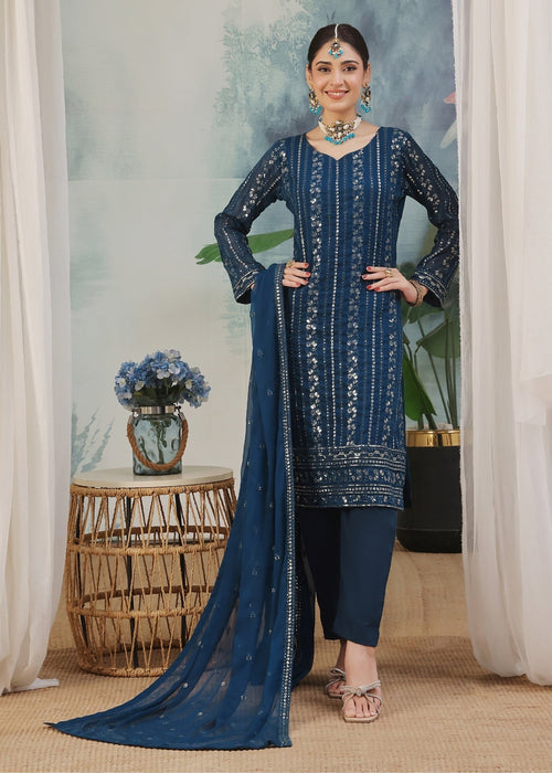Abaan Zohan Women RTW Embroidered Chiffon 3 Piece Suit Chandni Peacock - Festive Collection